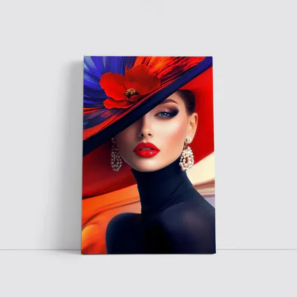 Elegant Woman Red Hat Blue Background