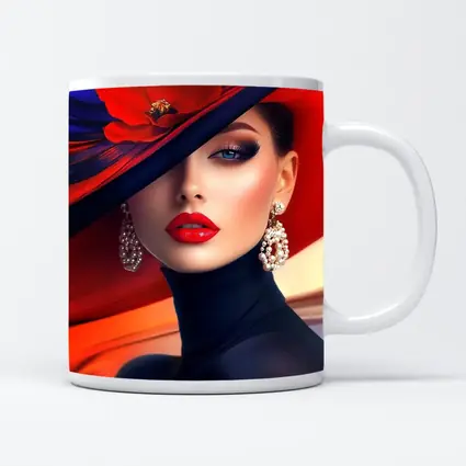 Elegant Woman Red Hat Blue Background
