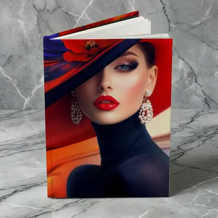 Elegant Woman Red Hat Blue Background