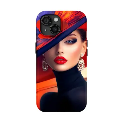 Elegant Woman Red Hat Blue Background