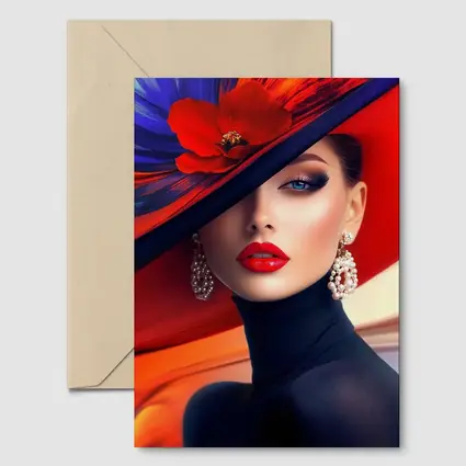 Elegant Woman Red Hat Blue Background
