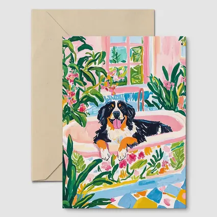Bernese Mountain Dog Relaxing In Floral Bath