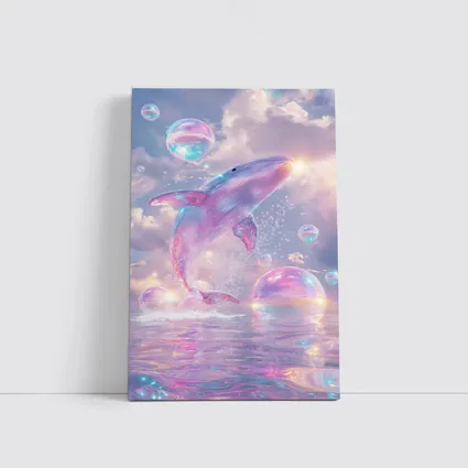 Pink Whale Jumping Iridescent Bubbles Dreamy Sky