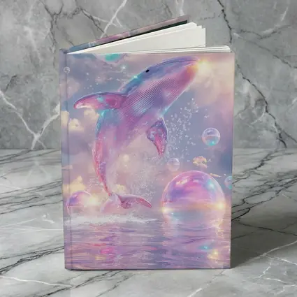 Pink Whale Jumping Iridescent Bubbles Dreamy Sky