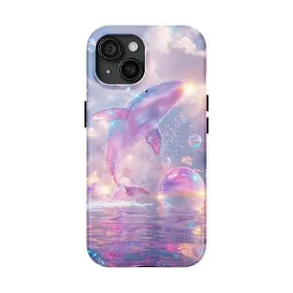 Pink Whale Jumping Iridescent Bubbles Dreamy Sky