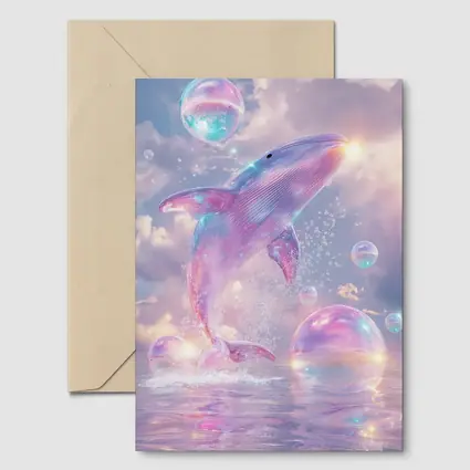 Pink Whale Jumping Iridescent Bubbles Dreamy Sky