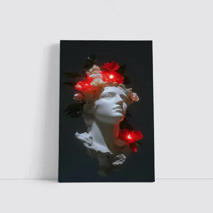 White Greek Statue Glowing Red Flowers Dark