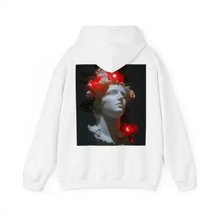 White Greek Statue Glowing Red Flowers Dark