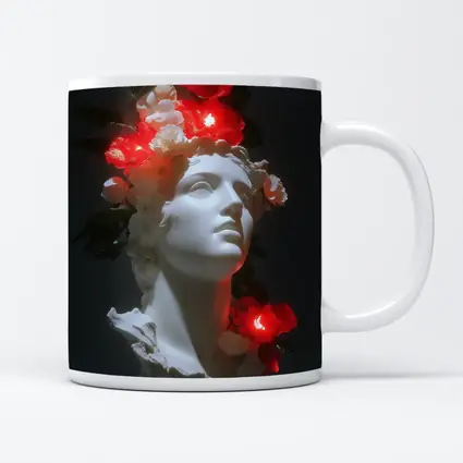 White Greek Statue Glowing Red Flowers Dark
