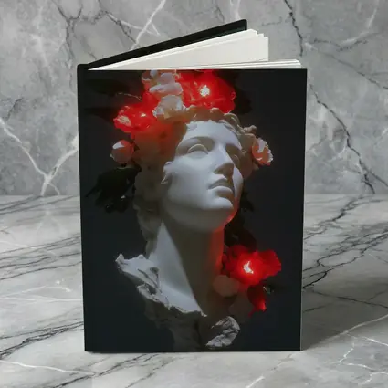 White Greek Statue Glowing Red Flowers Dark