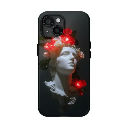 White Greek Statue Glowing Red Flowers Dark