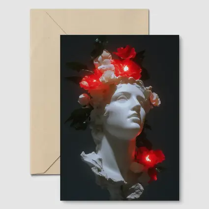 White Greek Statue Glowing Red Flowers Dark