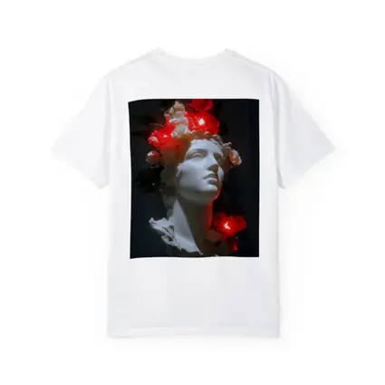 White Greek Statue Glowing Red Flowers Dark