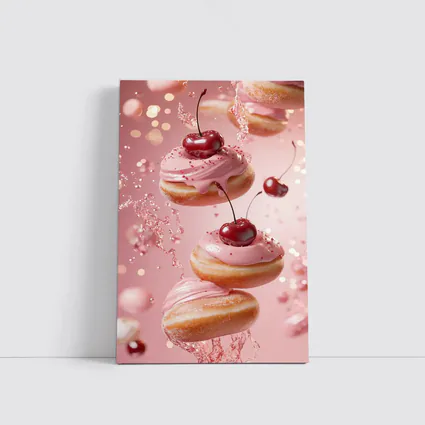 Cherry Donuts Falling Pink Frosting Background