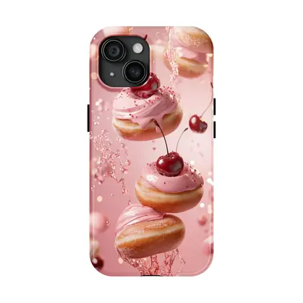 Cherry Donuts Falling Pink Frosting Background
