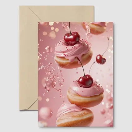 Cherry Donuts Falling Pink Frosting Background
