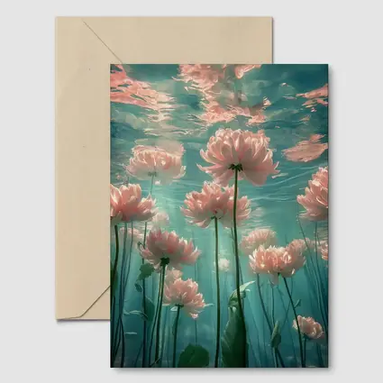 Pink Flowers Blooming Underwater Teal Ocean
