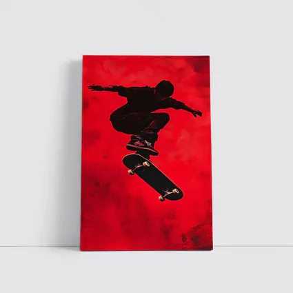Skateboarder Doing Trick On Red Background