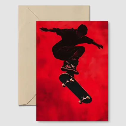 Skateboarder Doing Trick On Red Background