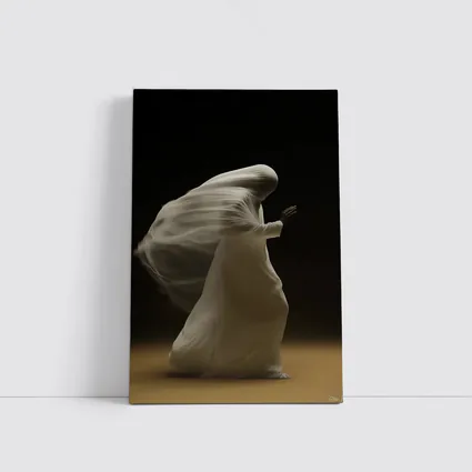 Flowing White Draped Figure Dark Background