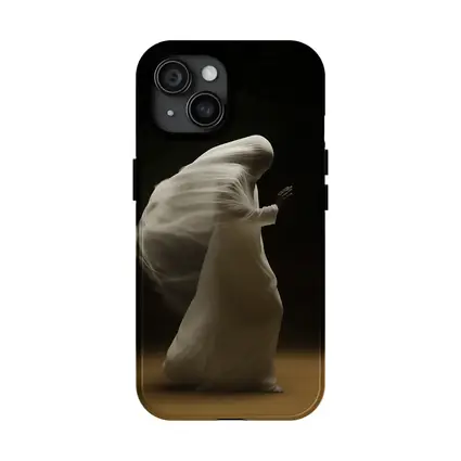 Flowing White Draped Figure Dark Background