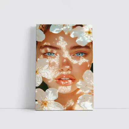 Blue Eyed Woman With White Cherry Blossoms