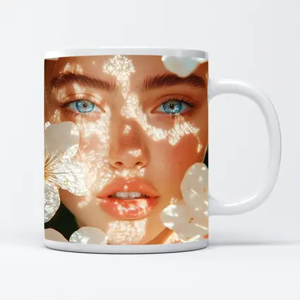 Blue Eyed Woman With White Cherry Blossoms