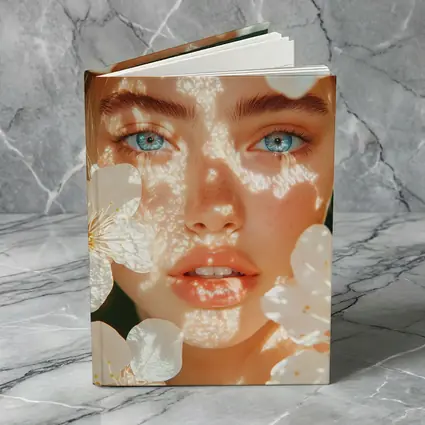 Blue Eyed Woman With White Cherry Blossoms
