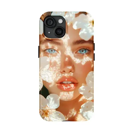 Blue Eyed Woman With White Cherry Blossoms