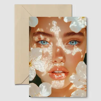 Blue Eyed Woman With White Cherry Blossoms
