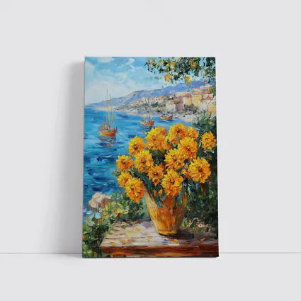 Yellow Marigolds Vase Mediterranean Coastal Oil Painting