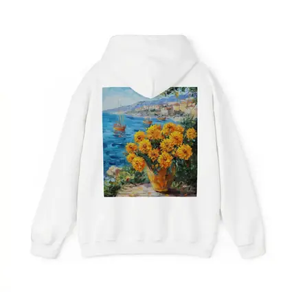 Yellow Marigolds Vase Mediterranean Coastal Oil Painting