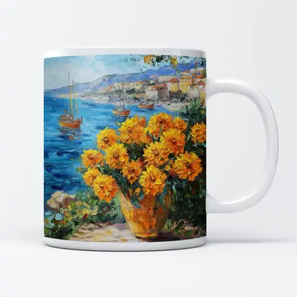 Yellow Marigolds Vase Mediterranean Coastal Oil Painting