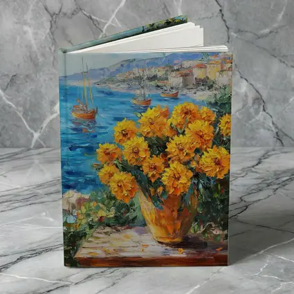 Yellow Marigolds Vase Mediterranean Coastal Oil Painting