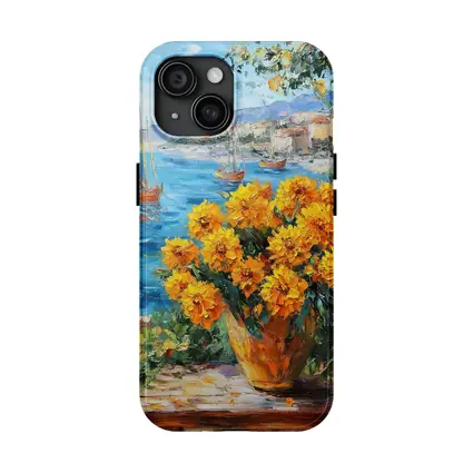 Yellow Marigolds Vase Mediterranean Coastal Oil Painting