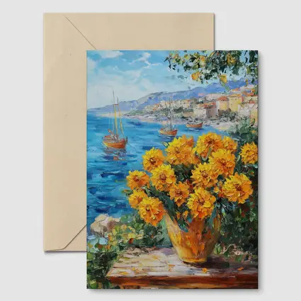 Yellow Marigolds Vase Mediterranean Coastal Oil Painting