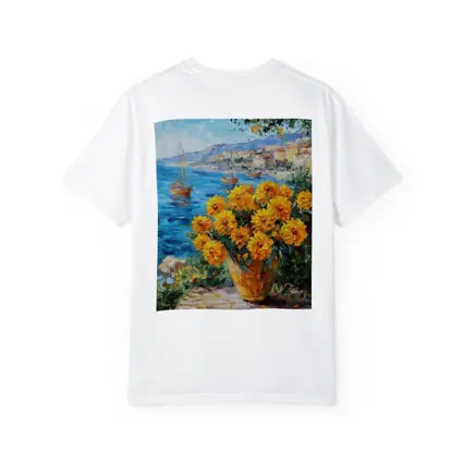Yellow Marigolds Vase Mediterranean Coastal Oil Painting