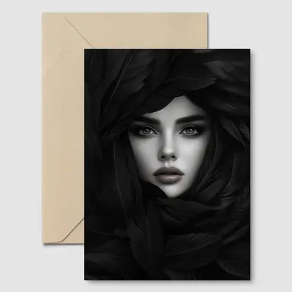 Woman Portrait Surrounded By Dark Feathers