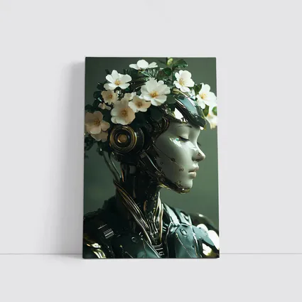 Futuristic Female Robot White Flowers Portrait