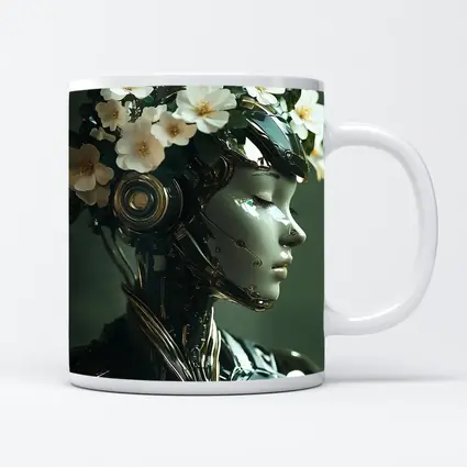 Futuristic Female Robot White Flowers Portrait