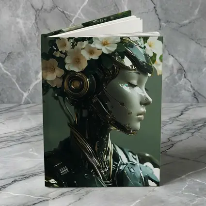 Futuristic Female Robot White Flowers Portrait