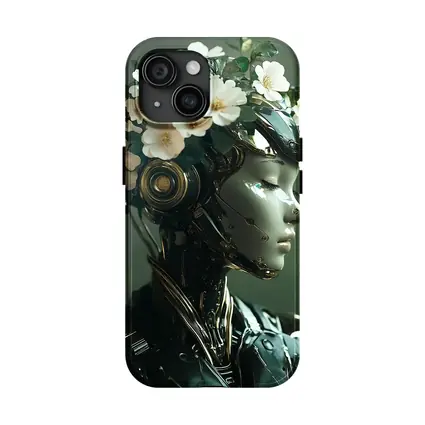Futuristic Female Robot White Flowers Portrait