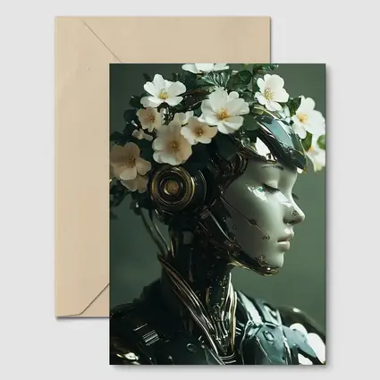Futuristic Female Robot White Flowers Portrait