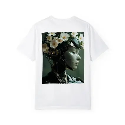Futuristic Female Robot White Flowers Portrait