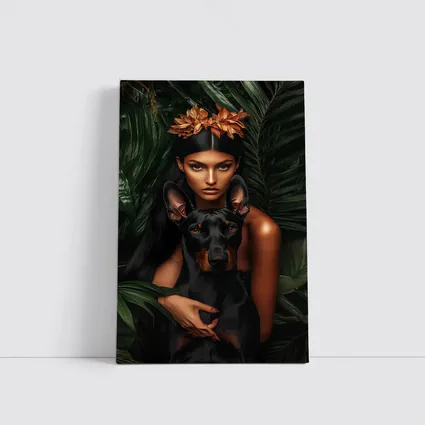 Woman With Doberman Pinscher Tropical Leaves