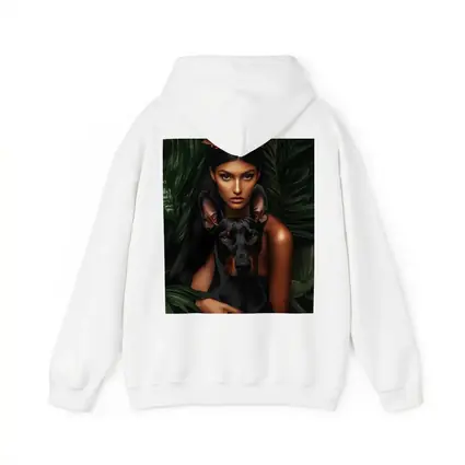 Woman With Doberman Pinscher Tropical Leaves