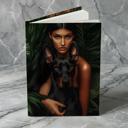 Woman With Doberman Pinscher Tropical Leaves