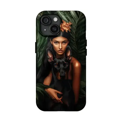 Woman With Doberman Pinscher Tropical Leaves