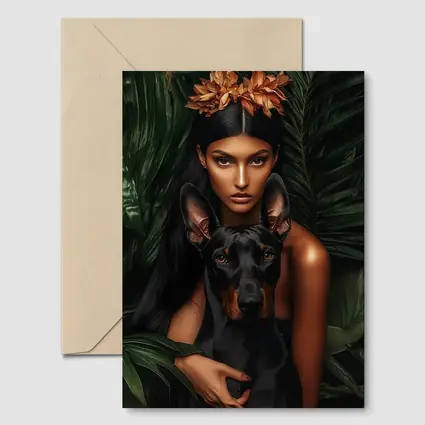 Woman With Doberman Pinscher Tropical Leaves