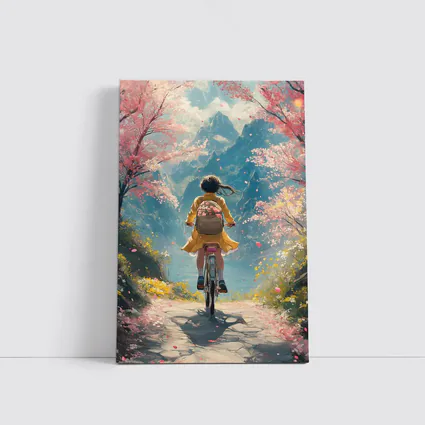 Anime Girl Cycling Cherry Blossom Mountain Path